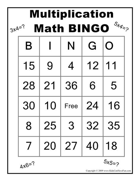 Printable Math Bingo